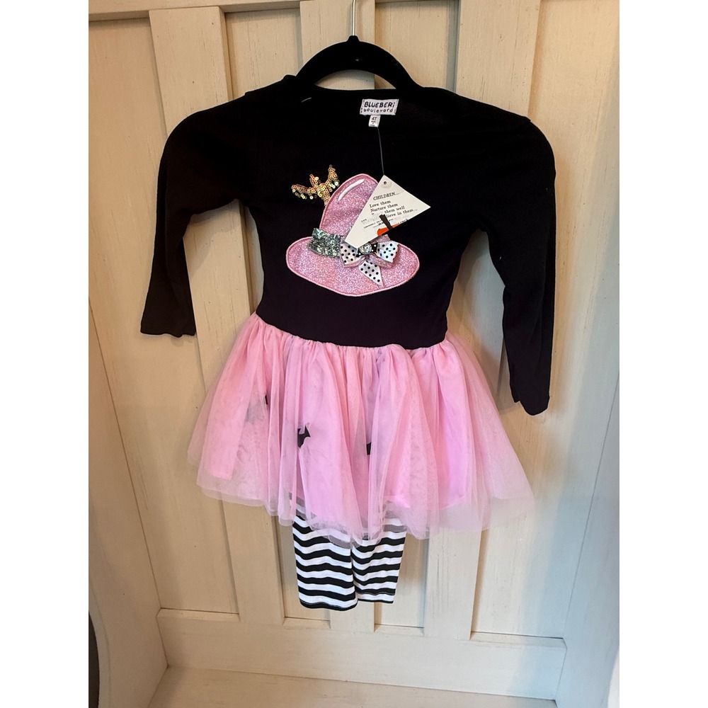 Blueberi Boulevard Girls Halloween Witch Hat Tutu Dress Leggings Set Pink 4T